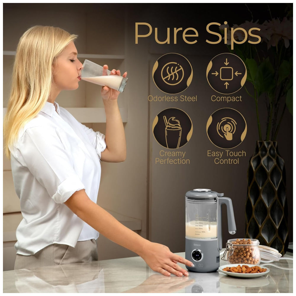 Miniatura Máquina de Leite Vegetal 400mL com Temporizador de Atraso, Filtro Integrado e Sensor de Tampa, Beeze, Cinza