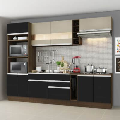 Miniatura Cozinha Completa Madesa Vicenza com Armário e Balcão (Sem Tampo e Pia) Rustic/Preto/Crema Cor:Rustic/Preto/Crema