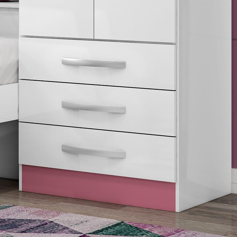 Miniatura Guarda Roupa Infantil com Cama 4 Portas 3 Gavetas Lisboa Espresso Móveis Branco/Pink