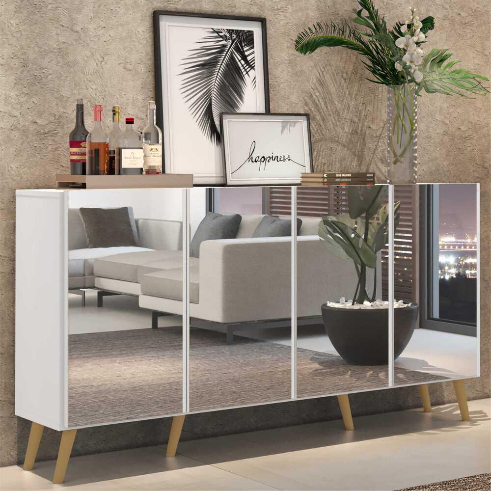 Miniatura Aparador Buffet 4 portas com Espelho e Pés Retrô Vegas Multimóveis Branco/Natural Aparador Buffet 4 portas c/ Espelho e Pés Retrô Vegas Multimóveis Branco/Natural