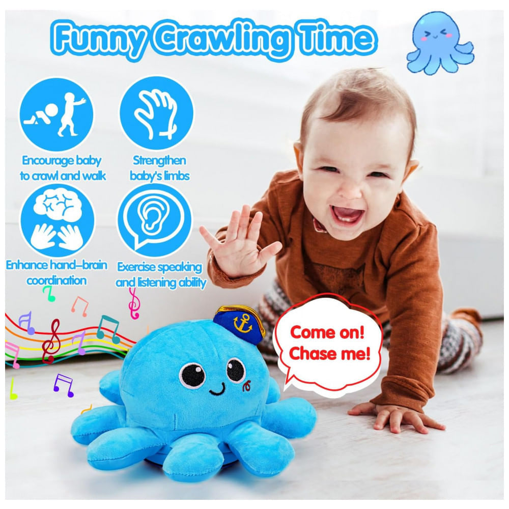 Polvo musical de pelúcia azul Tsomtto T899 com luz, fala gravada e movimento para engatinhar e caminhar