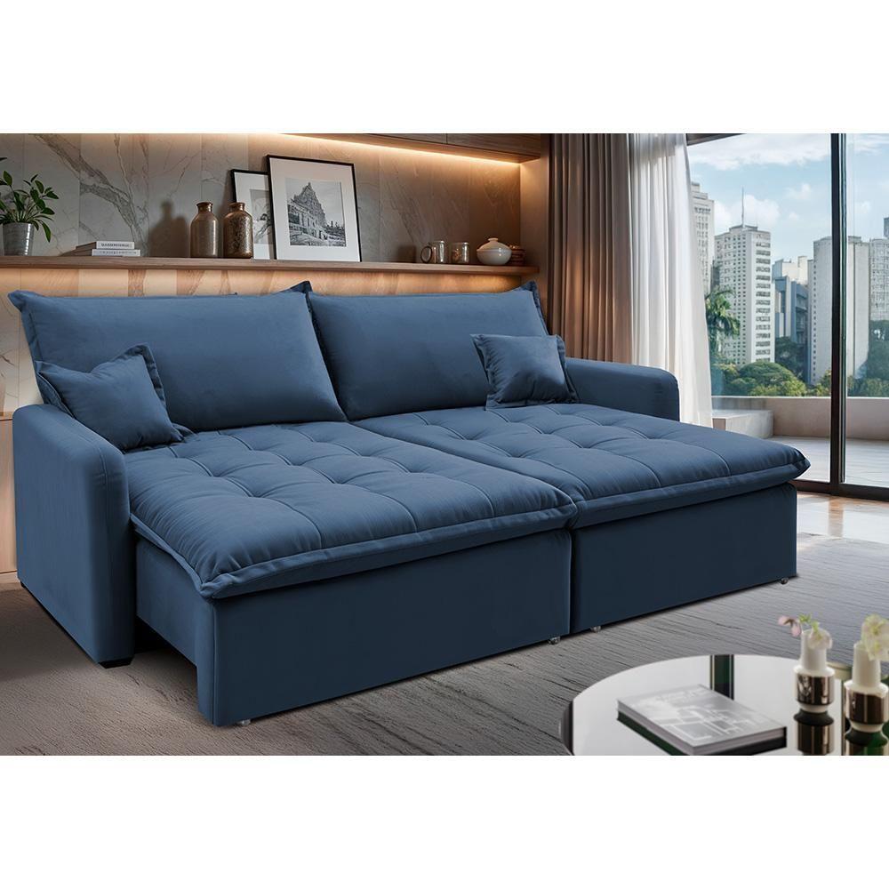 Miniatura Sofá Sem Caixa Retrátil 1,60m Softgel Luna Velusoft Azul Cama Inbox