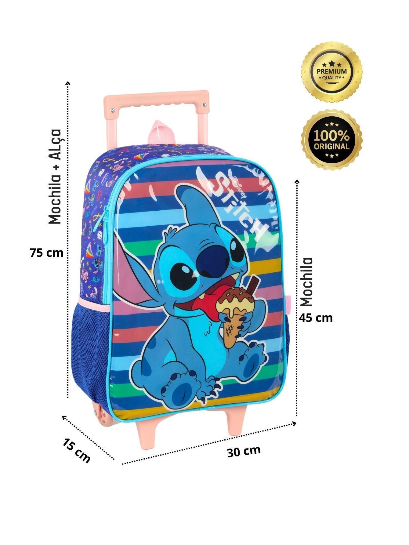Kit Lilo Stitch Mochila Rodas Costas Lancheira Estojo - Azul