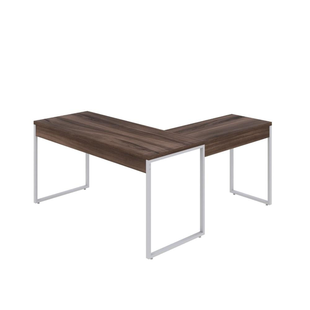 Mesa de Escritório em L Estilo Industrial 150x150cm Kuadra Nogal / Est.Branca
