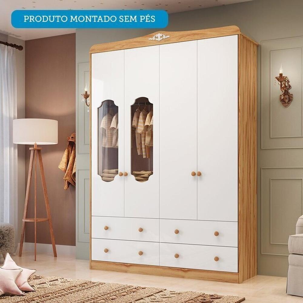 Quarto de Bebê com Guarda-Roupa Cômoda e Berço com Capitonê 100% MDF Maya Provençal Espresso Móveis Branco Brilho/Amêndoa/Branco