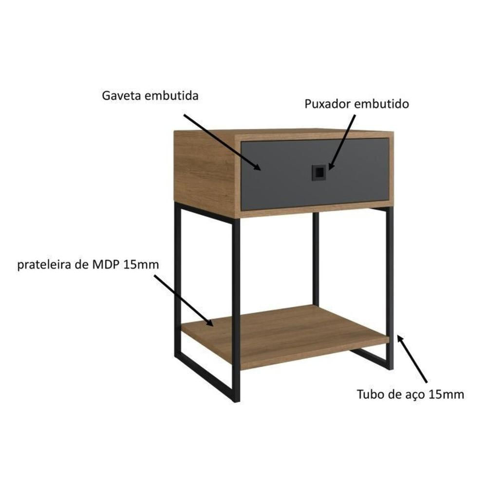Quarto Estilo Industrial com Guarda Roupa Closet de 2 Gavetas  e  2 Mesas de Cabeceira com 1 Gaveta Mel / Grafite