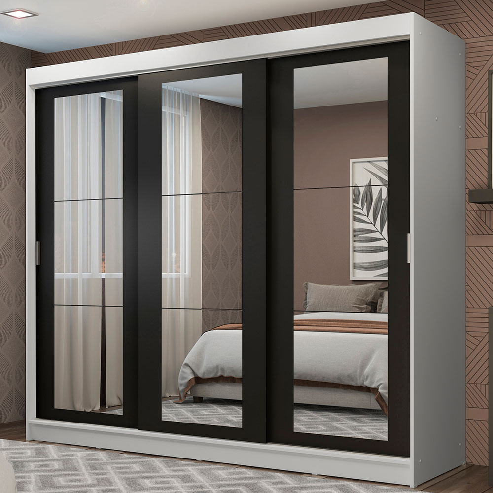 Miniatura Guarda-Roupa Casal Madesa Kansas 3 Portas de Correr de Espelho 3 Gavetas Branco/Preto Cor:Branco/Preto