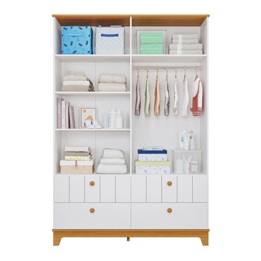 Conjunto Quarto de Bebê 1 Berço 1 Cômoda 6 Gavetas 1 Guarda Roupas 4 Portas 4 Gavetas Chantilly Branco/Nature