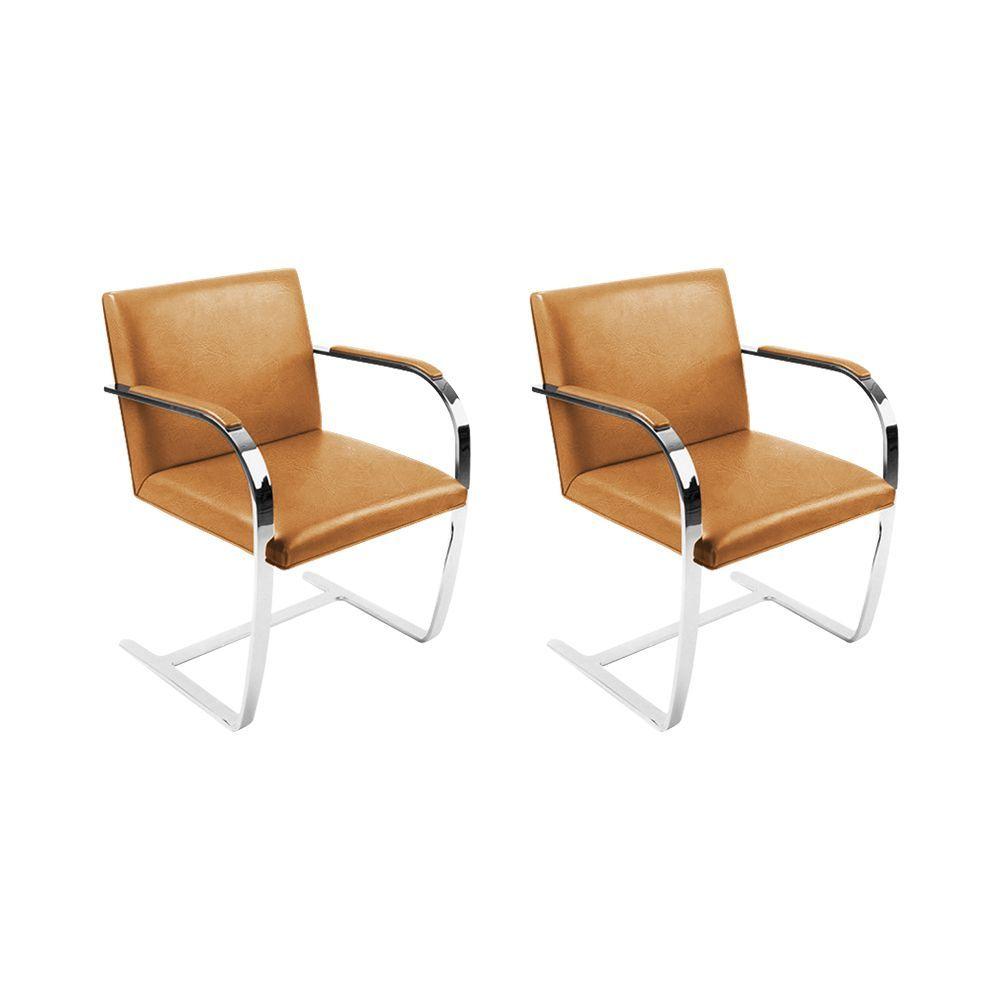 Miniatura Kit 2 Cadeiras Brno Couro Natural Caramelo Barra Chata Cromada Cor Bege