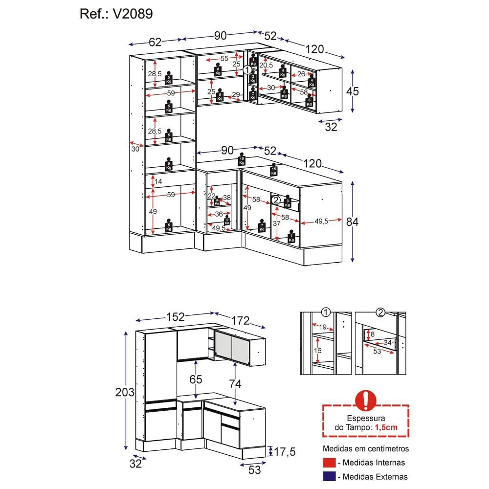 Armário Cozinha Completa de Canto Veneza Multimóveis V2089 Branco