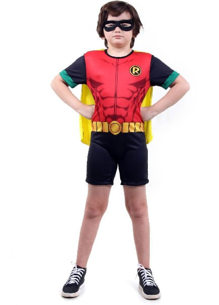Miniatura Fantasia Robin Curto Infantil com Capa e Máscara - Liga da Justiça G