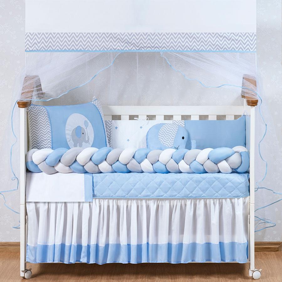 Miniatura Kit Protetor De Berço Menino 14 Peças Com Saia E Travesseiro 100% Poliéster - 1,30 m - azul claro - Azul claro - Elefante e Trança - Recém-nascido - 0,70 m - Animais - 14 - 100% Algodão