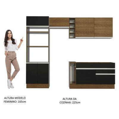 Cozinha Completa Madesa Jade com Armário e Balcão (Sem Tampo e Pia) Rustic/Preto/Rustic Cor:Rustic/Preto/Rustic