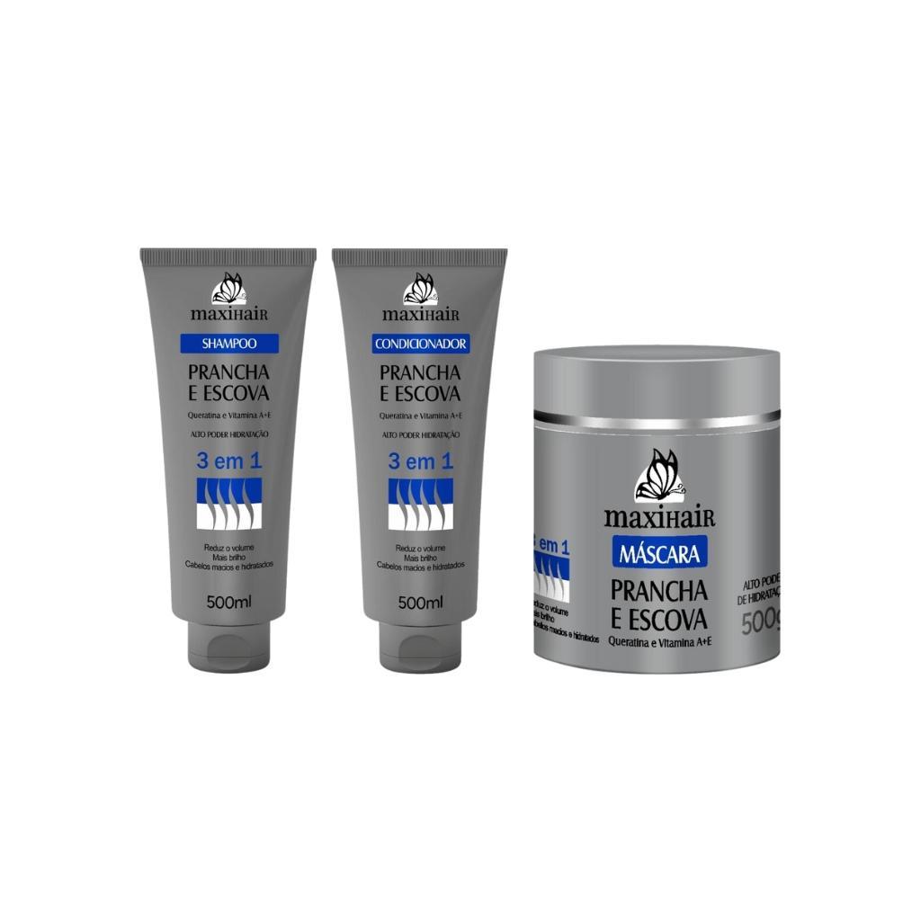 Miniatura Kit Prancha E Escova 3 Em 1 Maxihair 500Ml Shamp+Cond+Masc