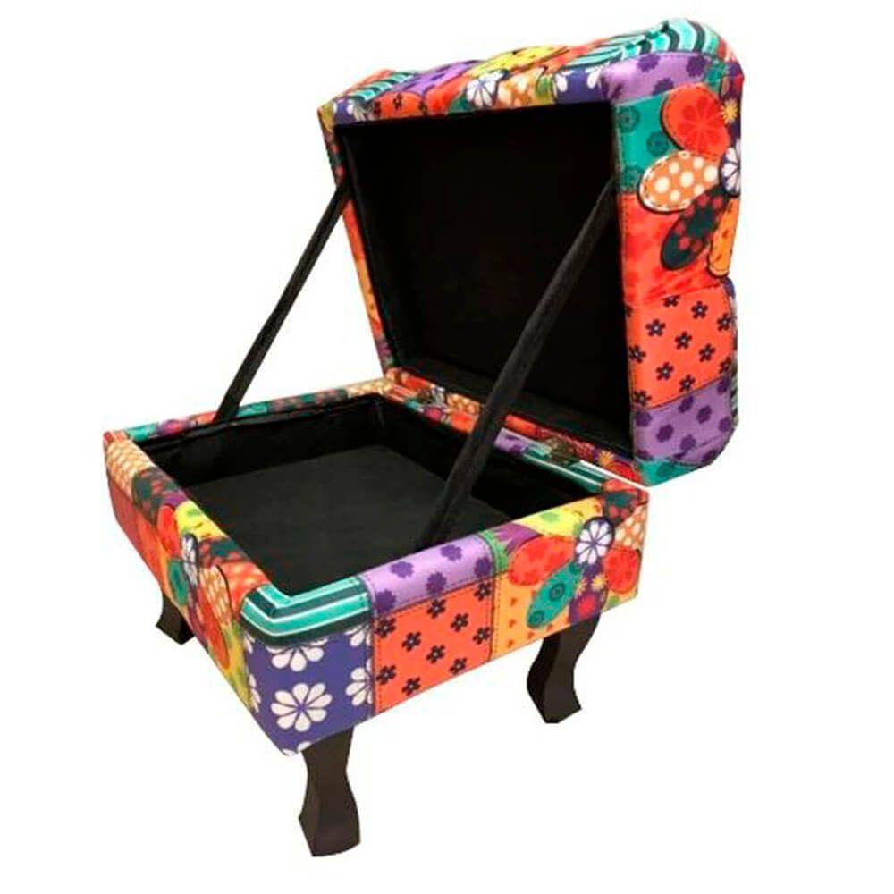 Miniatura Puff Decorativo Retro Luiz Xv Com Baú Pacthwork 1m Para Sala
