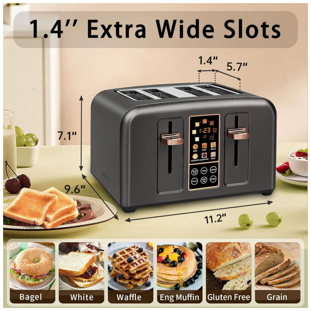 Miniatura Torradeira Elétrica de 4 Fatias com Display LCD Digital, 6 Níveis de Tostagem, 110V 1800W, SEEDEEM, Cinza