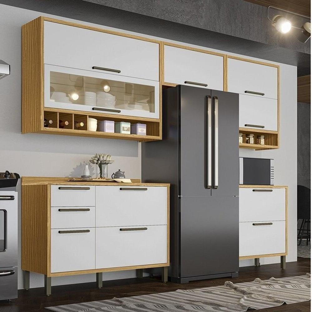 Miniatura Cozinha Modulada Completa 5 Peças 8 Portas e Vidro Reflecta 280cm 100% Mdf Vicenza Espresso Móveis Amêndoa/Branco