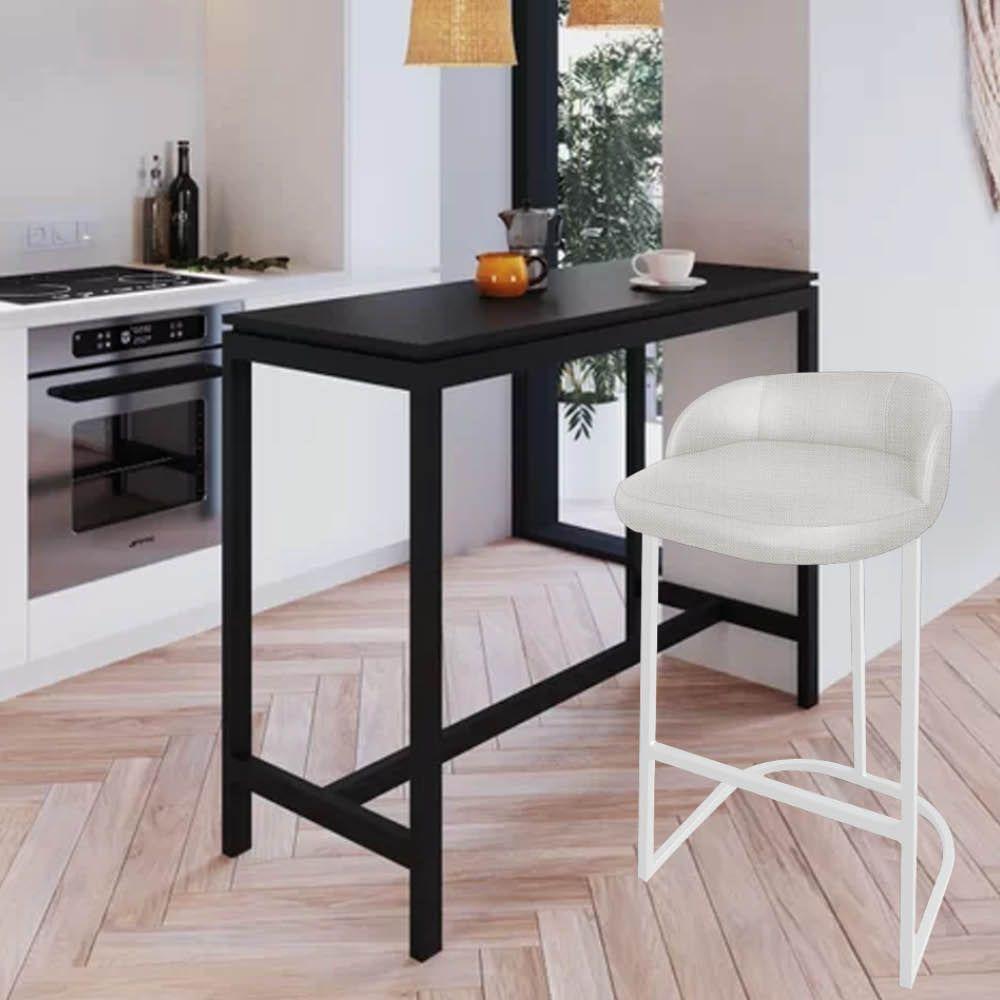 Miniatura Banqueta Betyna Com Encosto Alta Cozinha Bar Balcão Ferro Branco Linho Cru - Amey Decor