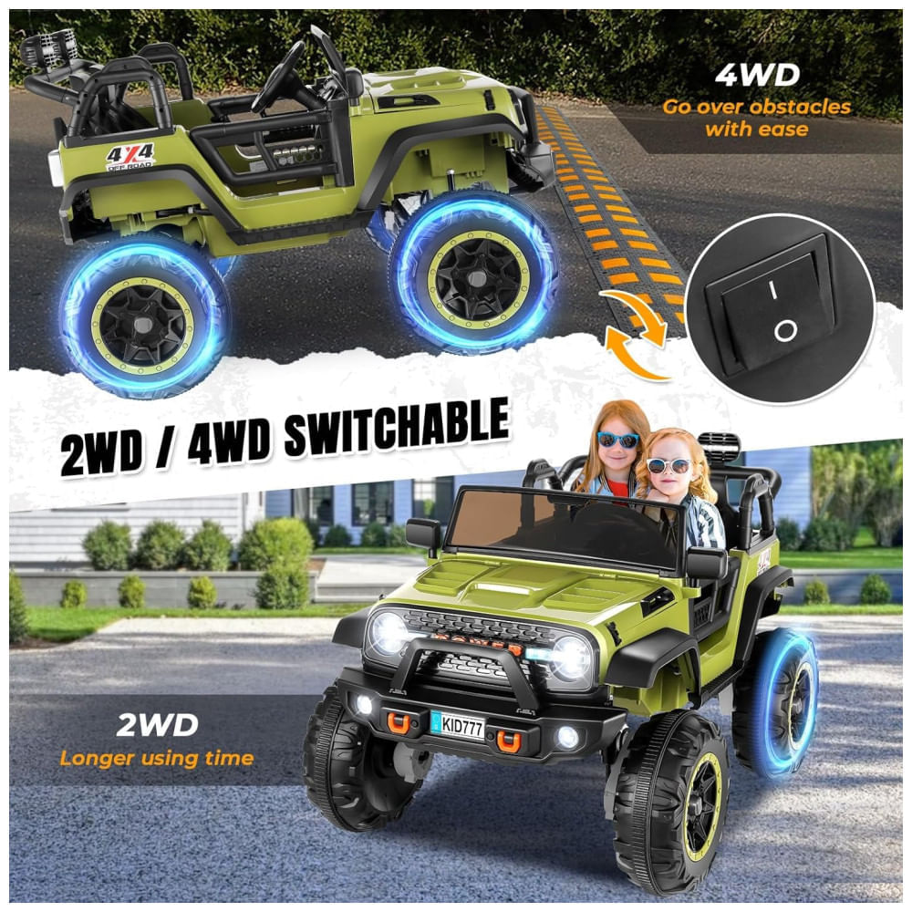 Miniatura Carro Elétrico Infantil, Jeep 4x4 com Controle Remoto, 2 Lugares, Música via Bluetooth e Luzes LED, 24V, Hikole, Verde 110v
