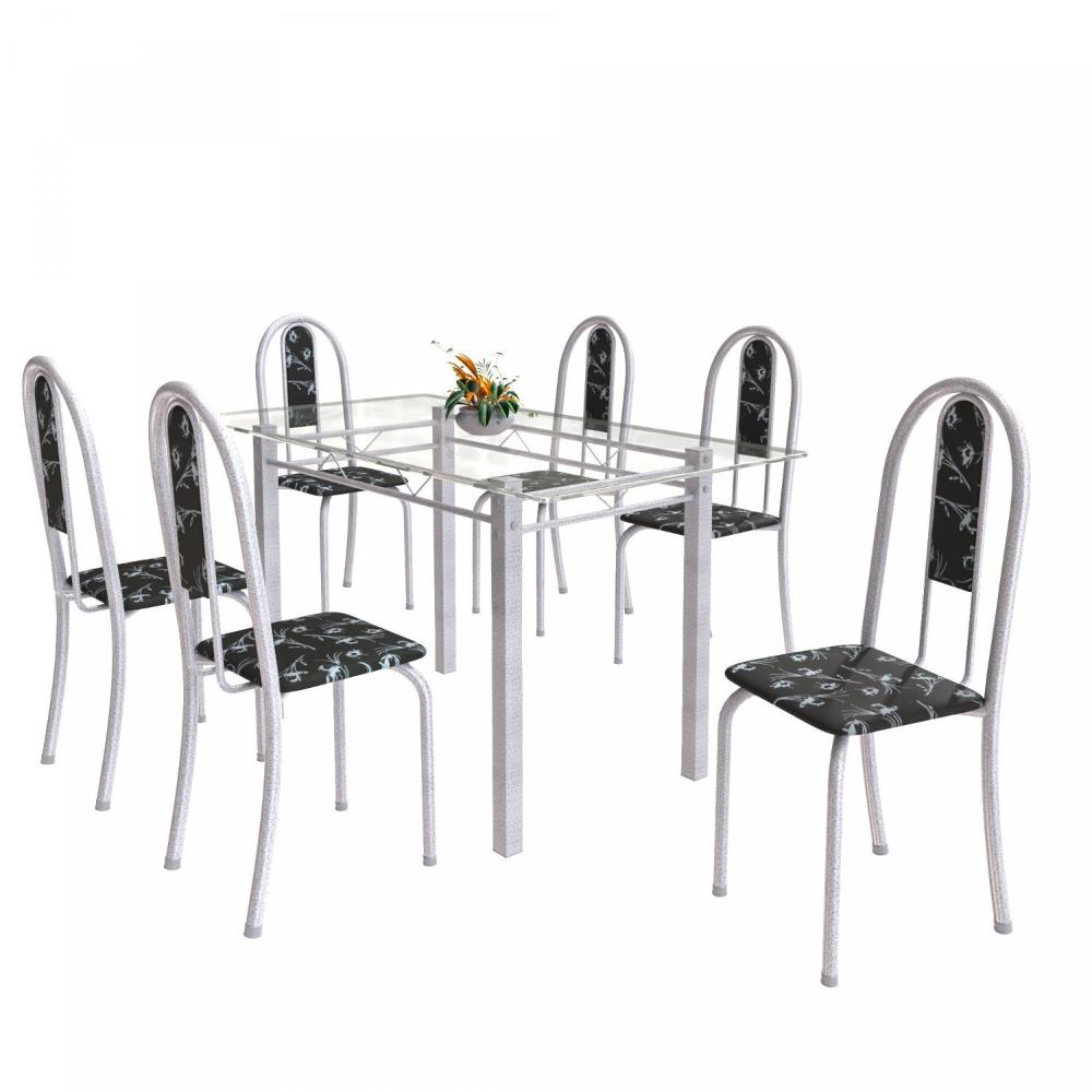 Miniatura Conjunto de Mesa Tubular 6 Cadeiras 140cm com Tampo de Vidro Iris Soma Móveis Preto Floral/Pérola