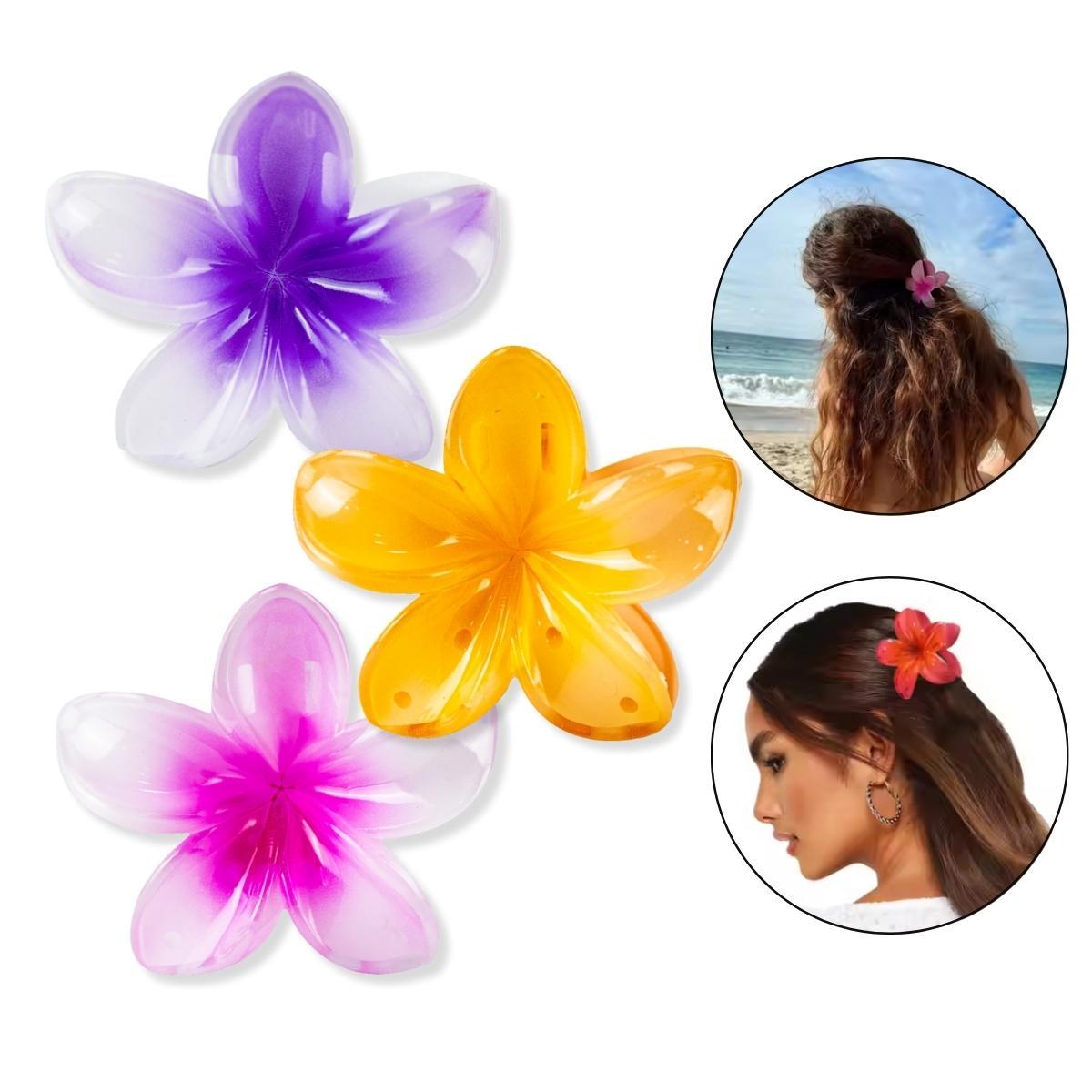 Miniatura Kit 3 Presilha Pequena Flor Do Havaí Cabelos Prendedor Praia