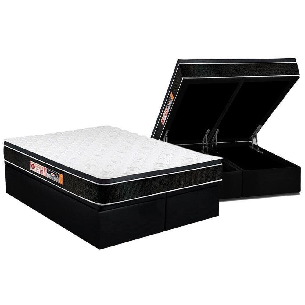 Miniatura Cama Box Baú Queen: Colchão Espuma D33 Castor Black E White Air Euro Pillow + Base Black(158X198)