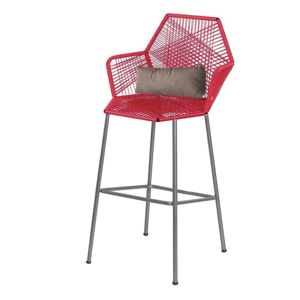 Miniatura Banqueta Alta Com Encosto Ferro Prata Fibra Vermelho Almofada Bege