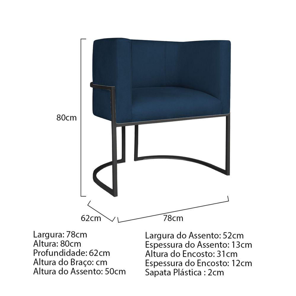 Kit Divã Luna 160cm Lado Esquerdo E 02 Poltronas Base De Ferro Preto Suede Cor Azul Marinho
