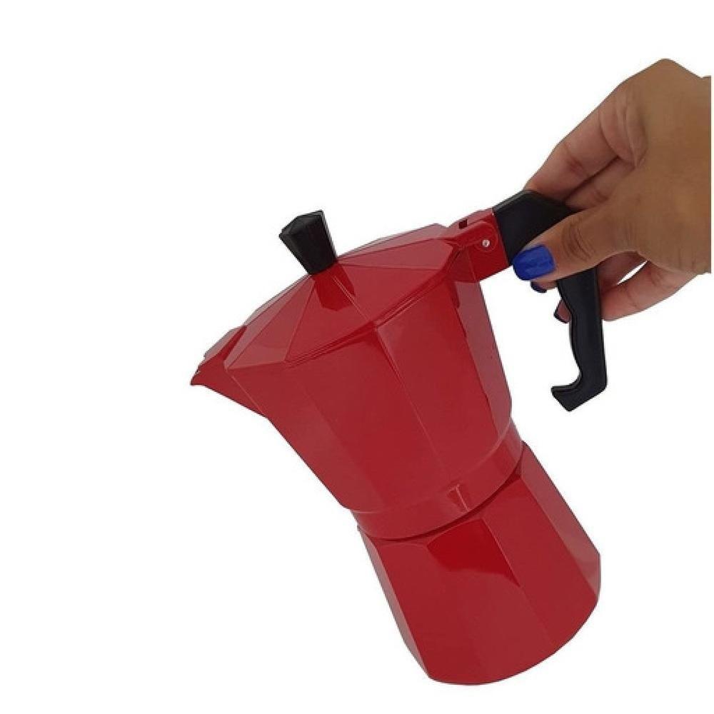 Miniatura Cafeteira Italiana Moka em Alumínio 300ML para 6 Xícaras Vermelha, Ideal para Café Expresso em Casa