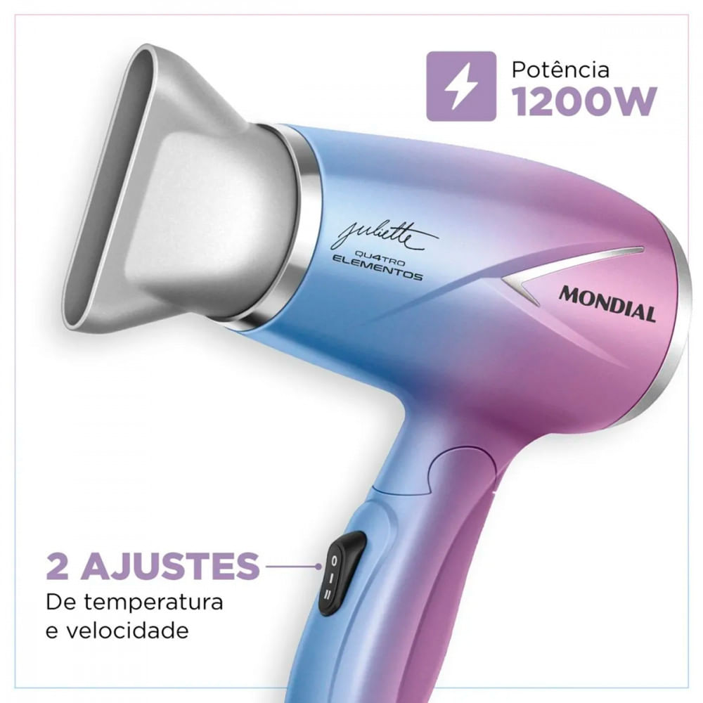 Miniatura Secador de Cabelo By Juliette Mondial Azul/Rosa 1200W Bivolt BRA23/00702 - Azul - 12 meses - Corrente Elétrica - Mondial - SCT-JU-03 - 1200W - Secador de Cabelo By Juliette. - Bivolt - Garantia do Fabricante - 2