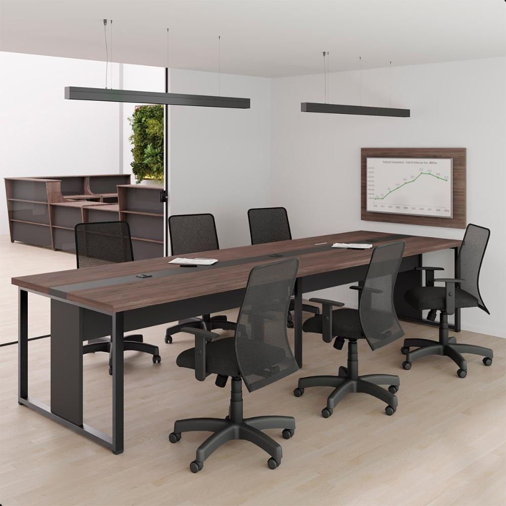 Miniatura Mesa Sala De Reunião Empresa Painel 6 Lugares Freijó Preto