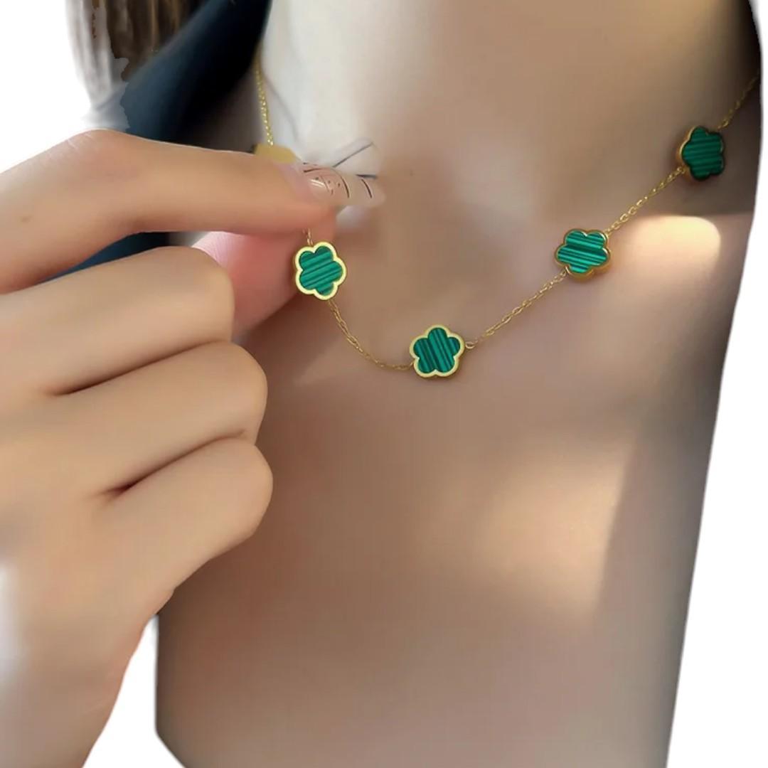 Miniatura Cordão Trevo Verde Flor - Banhado A Ouro 18K