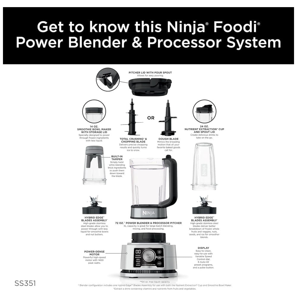 Liquidificador Ninja Foodi Power Blender Processor System com Fabricante de Smoothie Bowls e Extrator de Nutrientes, Edição Canadense,