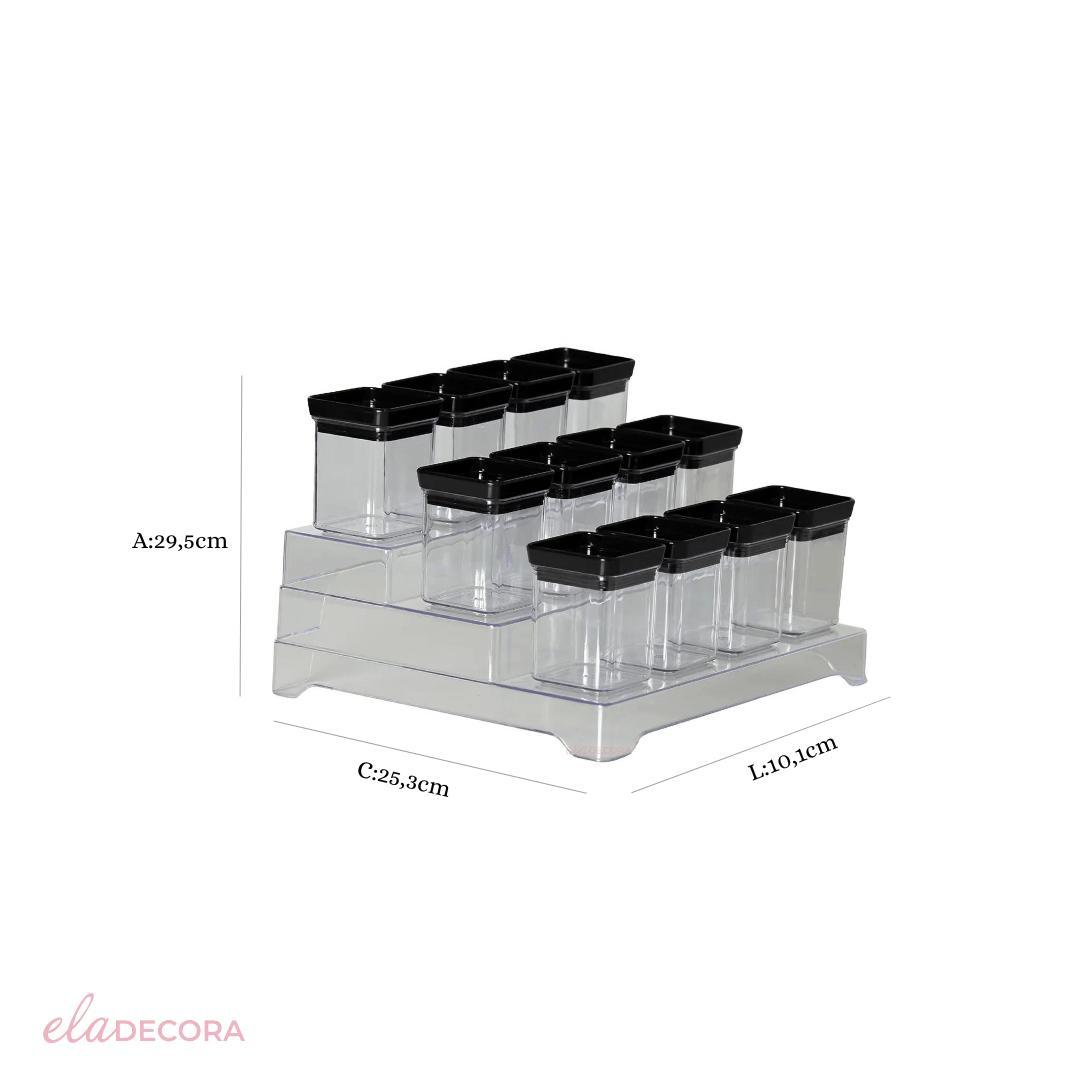 Miniatura Kit 13 Porta Temperos Lumini Black Decorativo Organizador