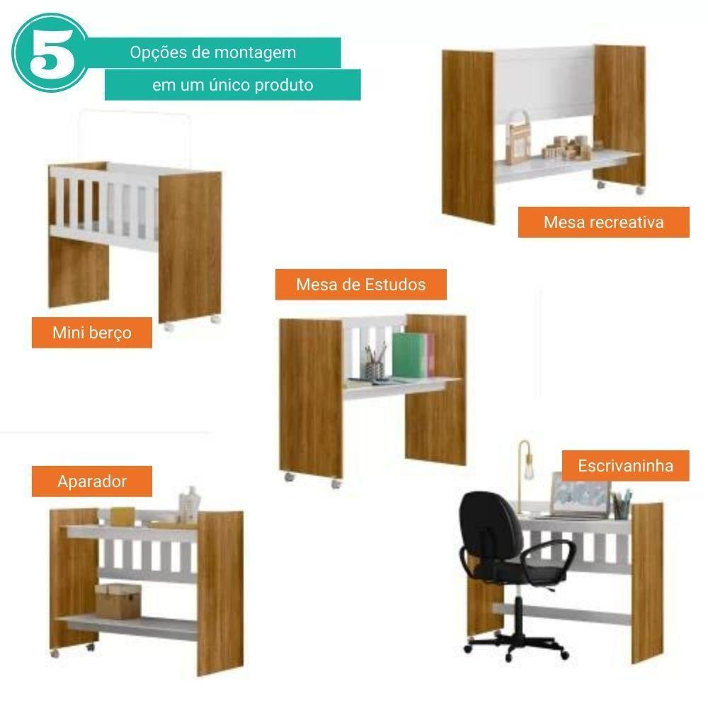 Miniatura Mini Berço Multifuncional Com Colchão 100% Mdf 5 Em 1 Rubi Tigus Baby Branco/Amadeirado