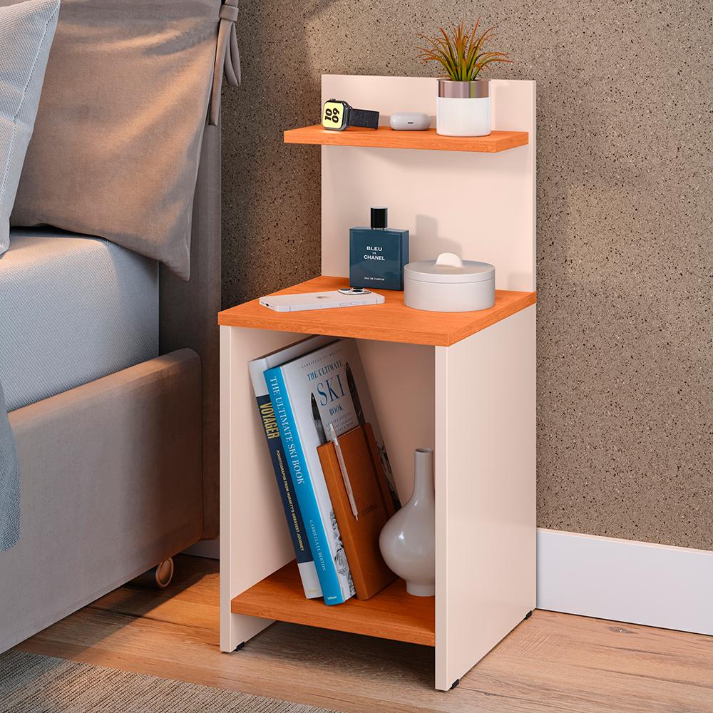 Miniatura Kit Quarto 2 Mesinhas Lateral Fantasy Off White/Cinamomo Prateleira Nicho Cabeceira Luana Suspensa Cama Box Casal 1,40 Areia Suede - Lojas RPM