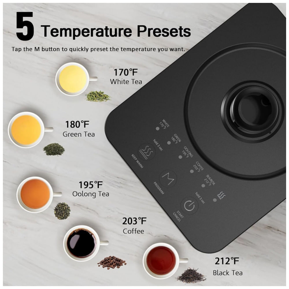 Miniatura Chaleira Elétrica 800mL em Aço Inoxidável com Controle de Temperatura, 5 Predefinições, 110V 1200W, Ulcreigo, Preta