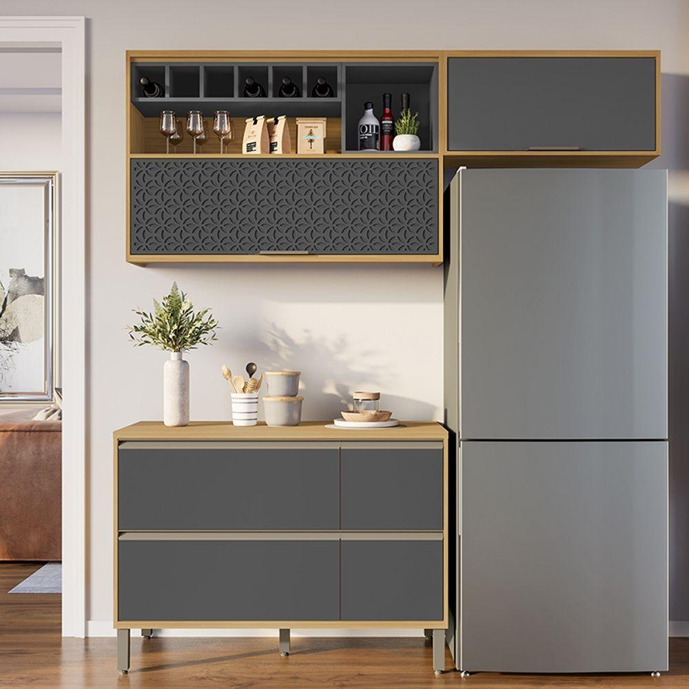 Miniatura Cozinha Milão Compacta 4 Portas 3 Gavetas Com Nichos Carvalho Grafite Clique Chique