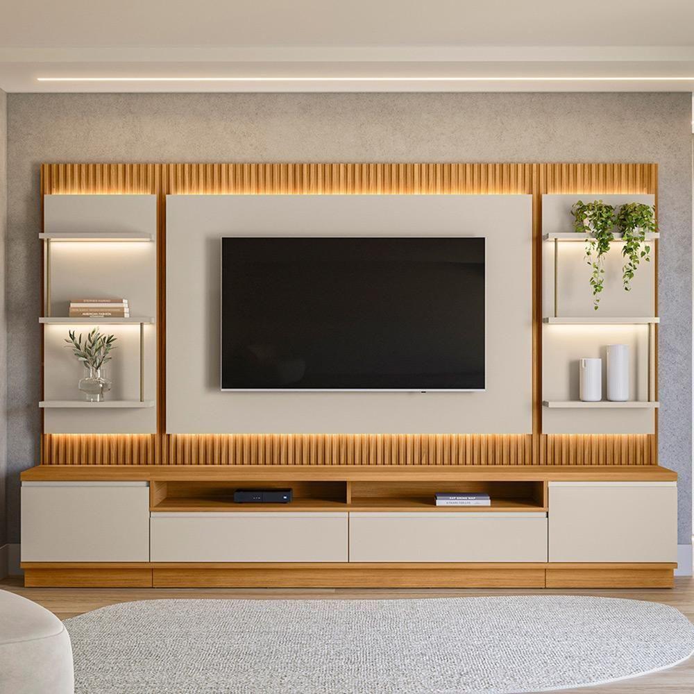 Miniatura Painel E Bancada Rack Sala De Estar 297cm Madalena Modulado Led Ripado Tv Até 70 Tauari/off White G77 - Gran Belo