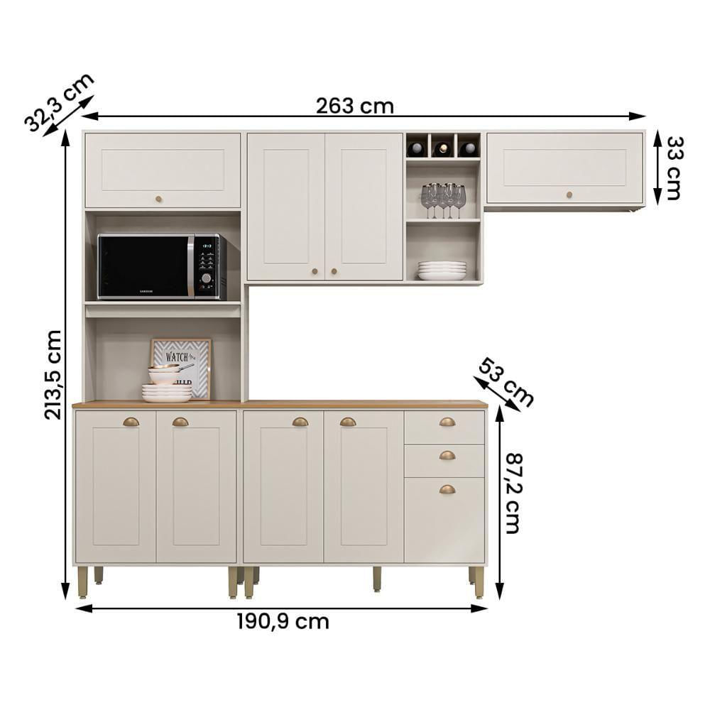 Miniatura Cozinha Tunísia Completa 263cm Com 9 Portas E 2 Gavetas Off White/canelato