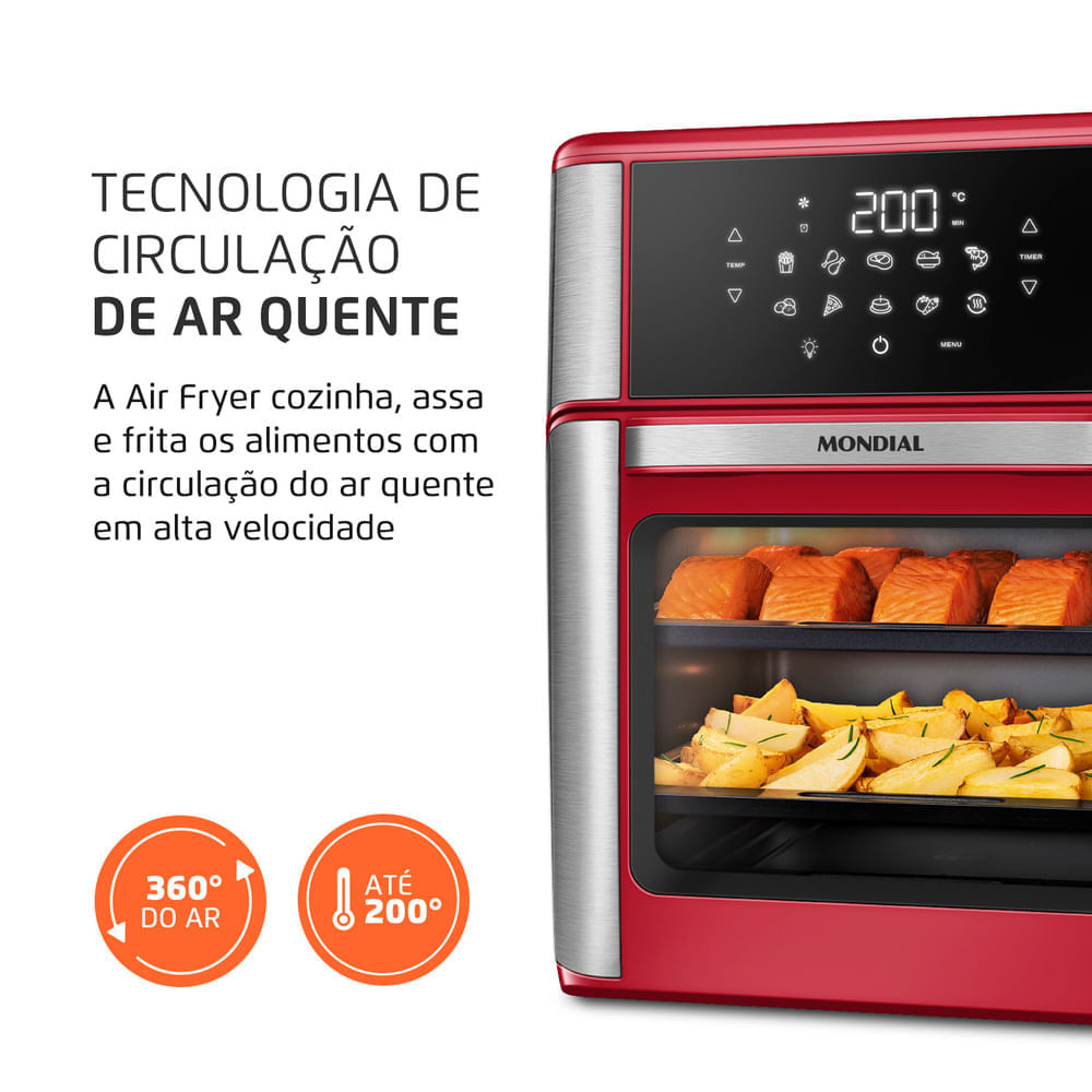 Miniatura Fritadeira Air Fryer Forno Oven 12L Mondial Vermelho/Inox 2000W - AFON-12L-RI 127V
