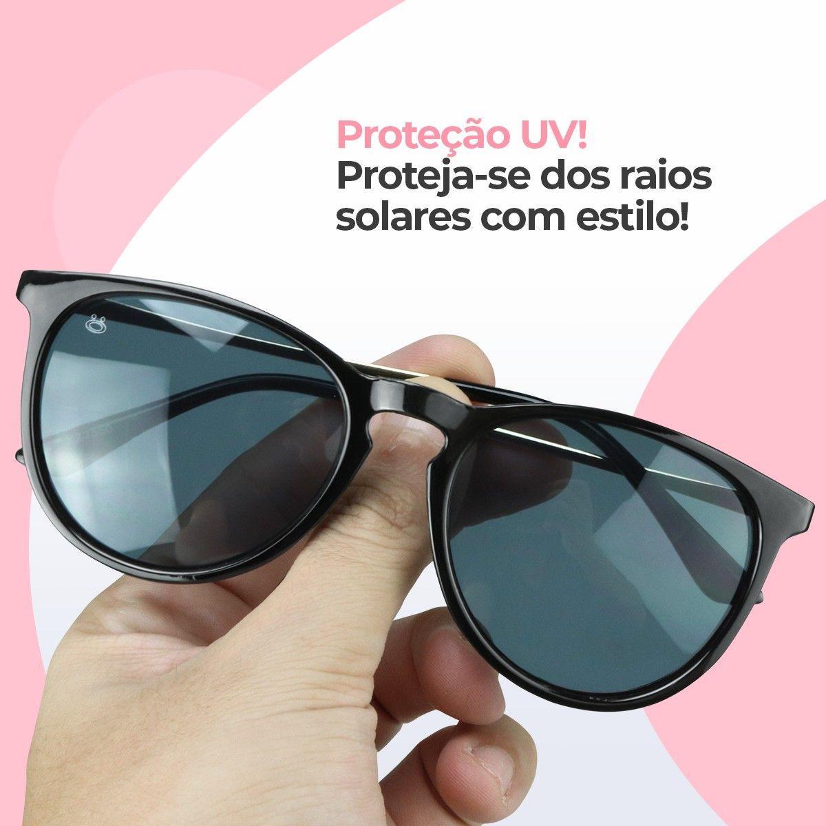 Oculos Sol Feminino Preto Redondo Protecao Uv Acetato + Case