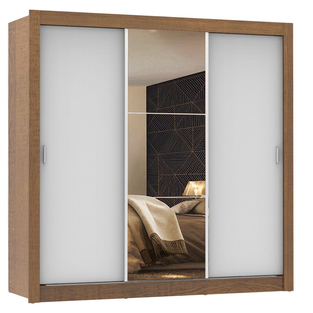 Miniatura Guarda Roupa Casal Madesa Mônaco 3 Portas de Correr com Espelho - Rustic/Branco Rustic/Branco
