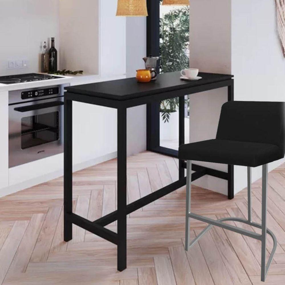 Miniatura Banqueta Com Encosto Noah Luxo Confort Bistrô Cozinha Ferro Cinza Sintético Preto - Amey Decor