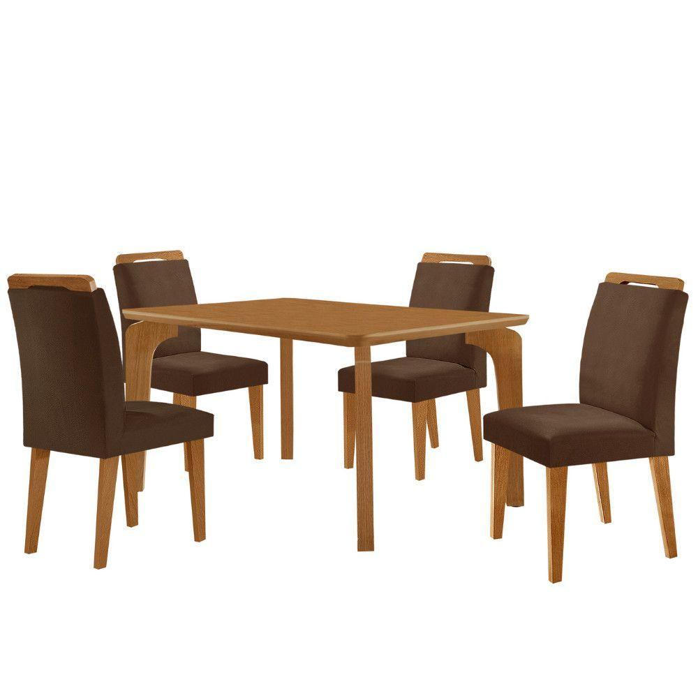 Miniatura Mesa Liz 120 Mdf Canto Copo E Com 4 Cadeiras Athenas Veludo Marrom/naturalle/naturalle