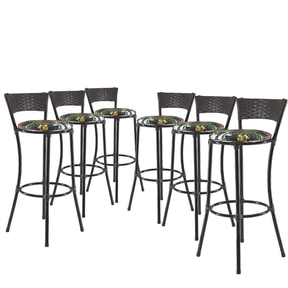 Miniatura Jogo Com 6 Banquetas Alta Forts Preto Floral, Fibra Uv Bancada, área Goumert, Bar, Piscina, Balcão