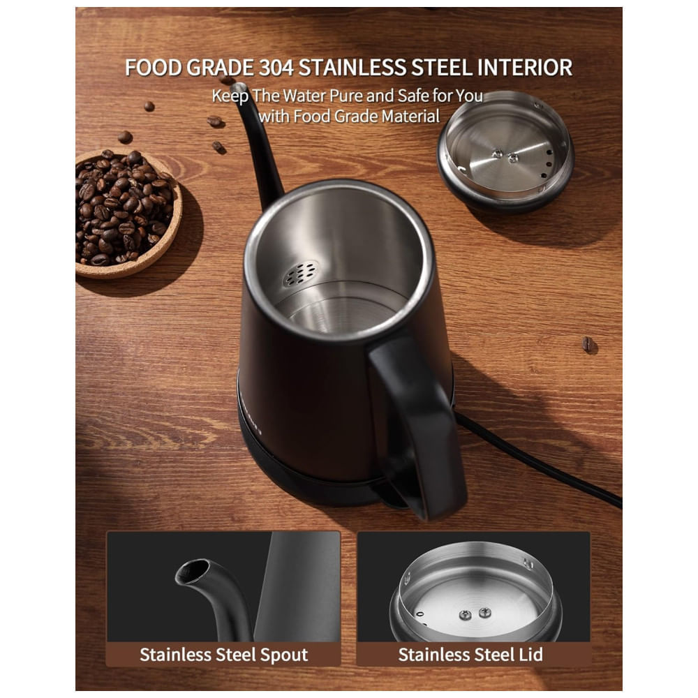 Miniatura Chaleira Elétrica DmofwHi Gooseneck 1,0L, 1000W em Aço Inox 304, Desligamento Automático, Preto Fosco