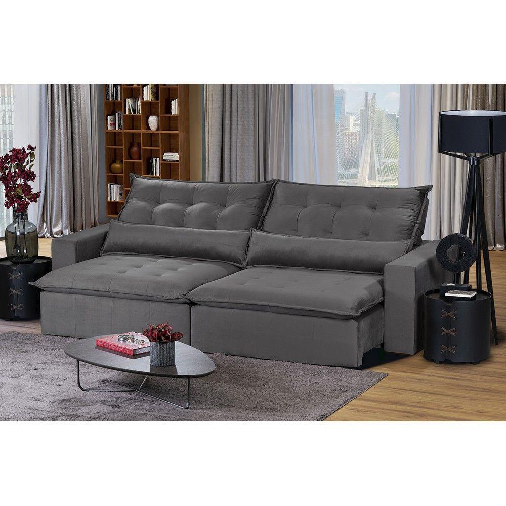 Miniatura Sofá 6 Lugares 2,90Mt Com Molas Retrátil E Reclinável Cinza