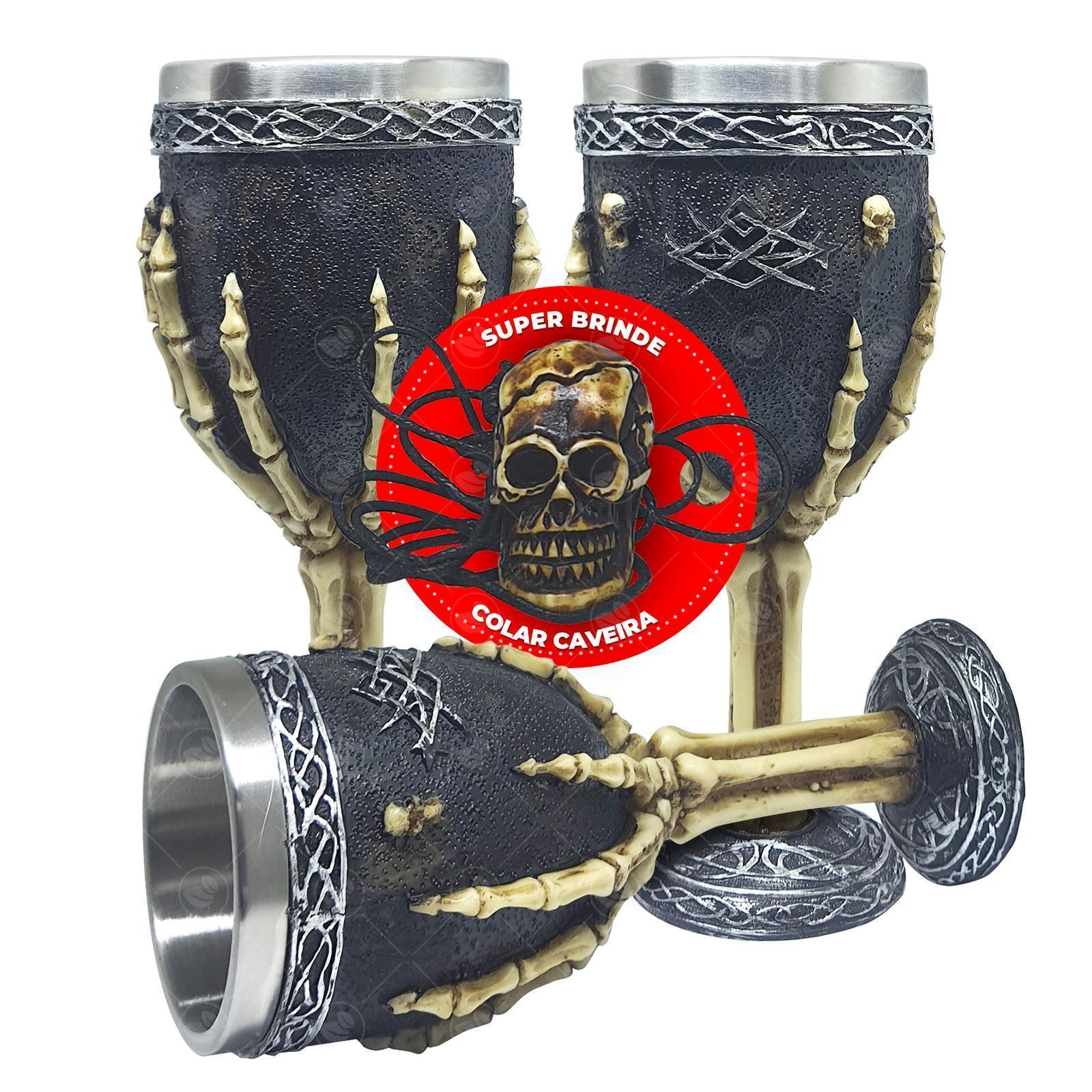 Kit 3 Taça Cálice Termica Inox Relevo Medieval Caveira 200Ml