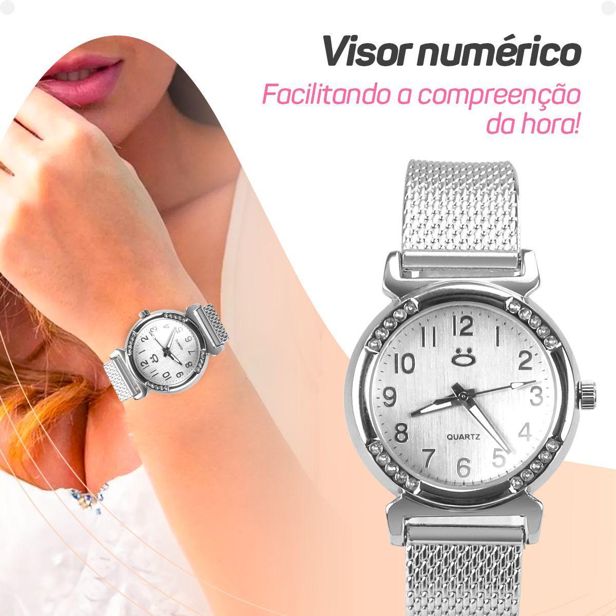 Miniatura Relogio Feminino Prata Aço Inoxidável Silicone Caixa Social